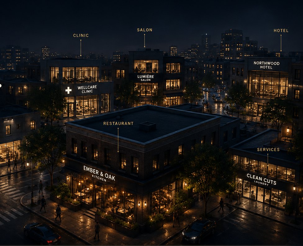 A night-time city block containing restaurants, clinics, salons, hotels and local services